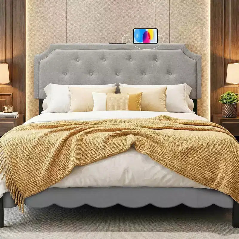 Costway Headboard for Queen & Full Size Bed,Tufted/Geometric/Rivet Tufted Upholstered Head Board with 2 AC Outlets Beige/Gray