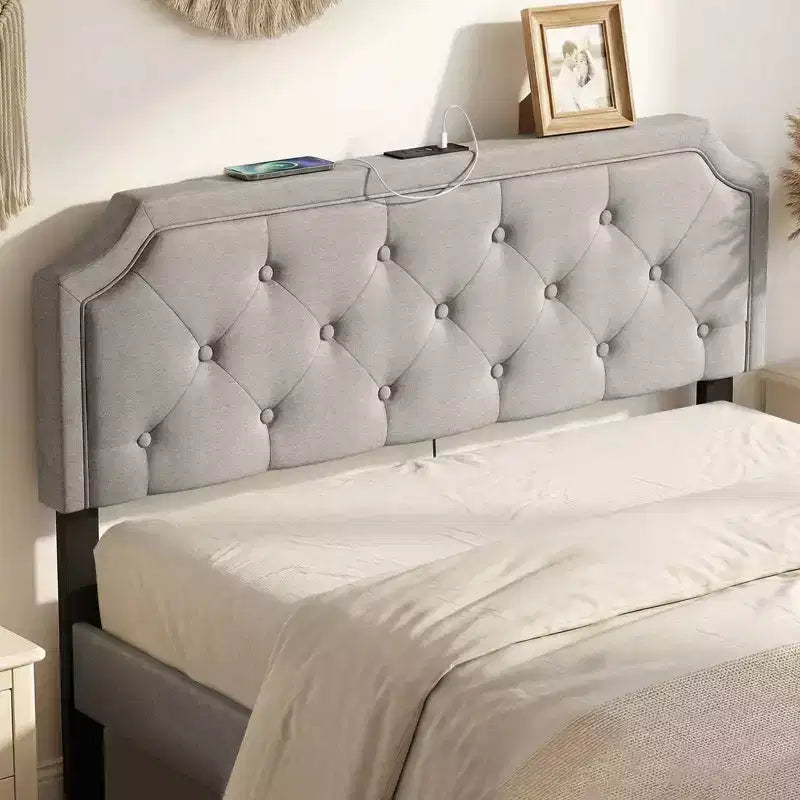 Costway Headboard for Queen & Full Size Bed,Tufted/Geometric/Rivet Tufted Upholstered Head Board with 2 AC Outlets Beige/Gray