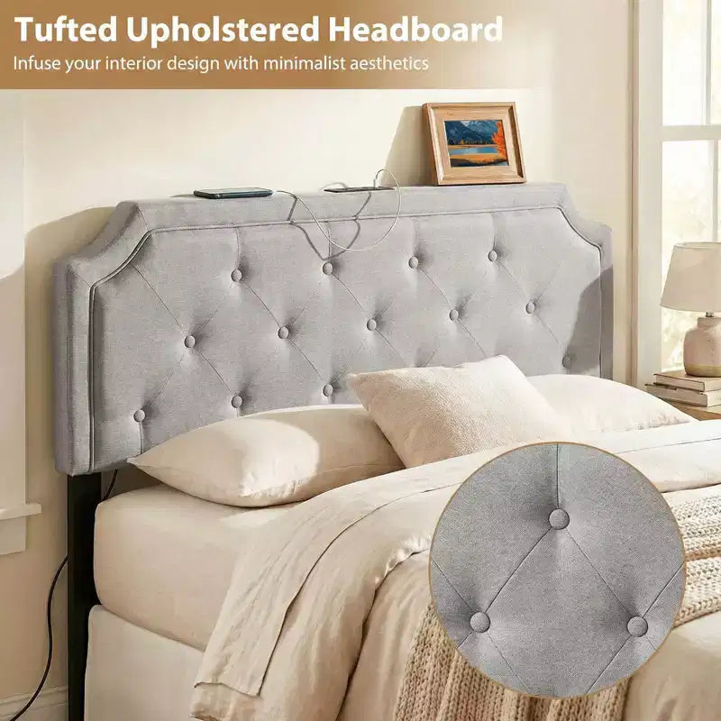Costway Headboard for Queen & Full Size Bed,Tufted/Geometric/Rivet Tufted Upholstered Head Board with 2 AC Outlets Beige/Gray