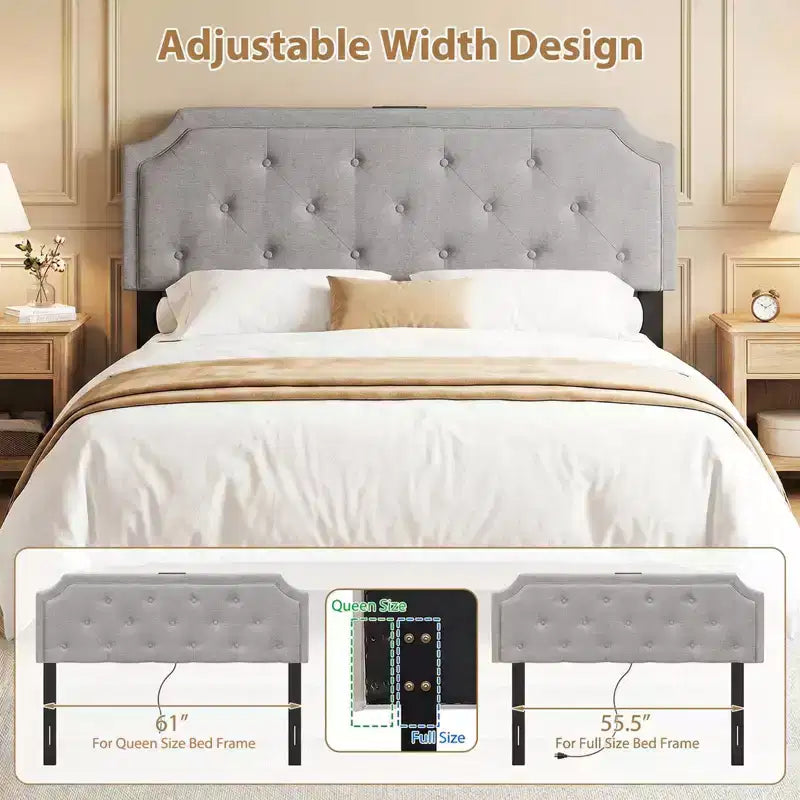 Costway Headboard for Queen & Full Size Bed,Tufted/Geometric/Rivet Tufted Upholstered Head Board with 2 AC Outlets Beige/Gray