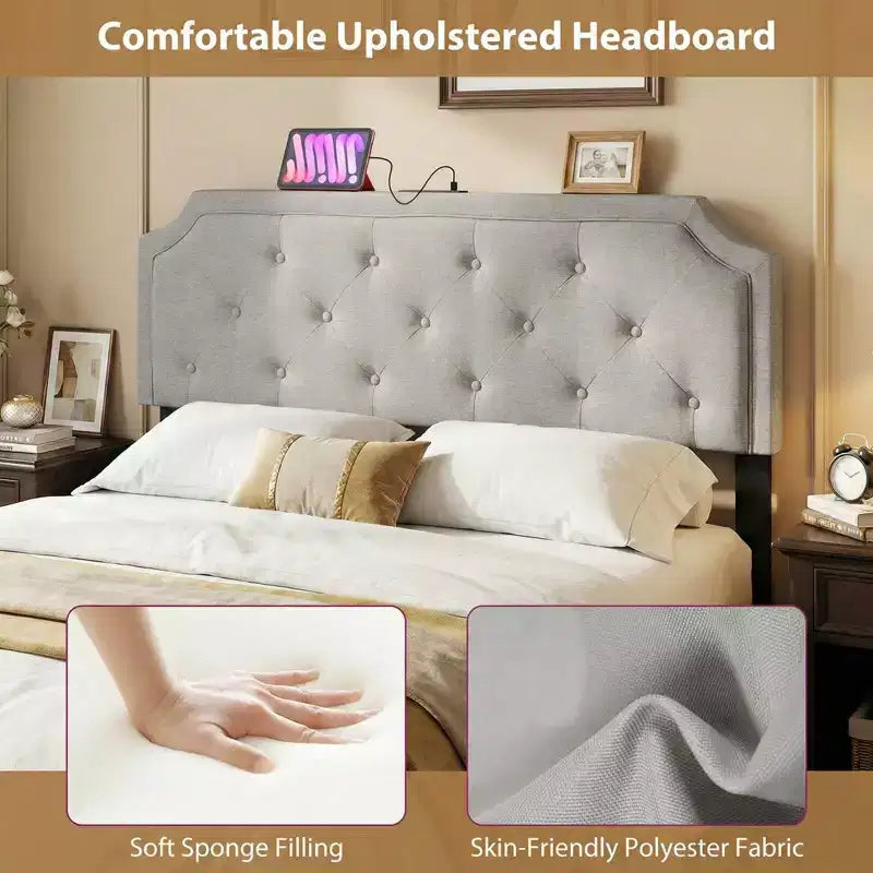 Costway Headboard for Queen & Full Size Bed,Tufted/Geometric/Rivet Tufted Upholstered Head Board with 2 AC Outlets Beige/Gray