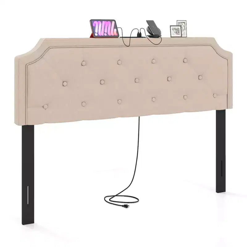Costway Headboard for Queen & Full Size Bed,Tufted/Geometric/Rivet Tufted Upholstered Head Board with 2 AC Outlets Beige/Gray