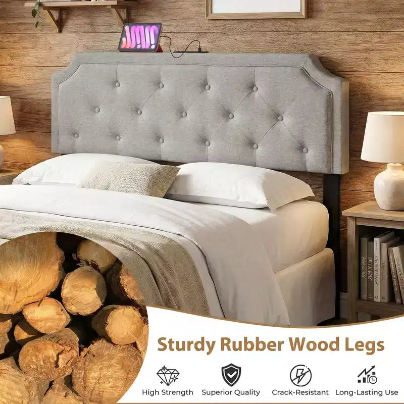 Costway Headboard for Queen & Full Size Bed,Tufted/Geometric/Rivet Tufted Upholstered Head Board with 2 AC Outlets Beige/Gray