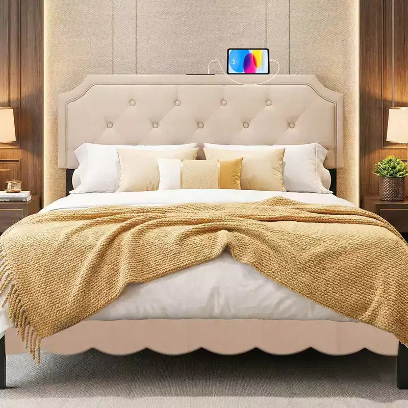 Costway Headboard for Queen & Full Size Bed,Tufted/Geometric/Rivet Tufted Upholstered Head Board with 2 AC Outlets Beige/Gray