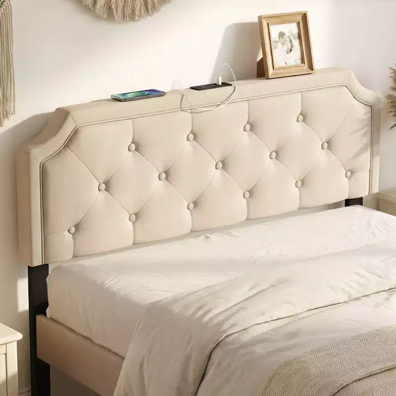 Costway Headboard for Queen & Full Size Bed,Tufted/Geometric/Rivet Tufted Upholstered Head Board with 2 AC Outlets Beige/Gray