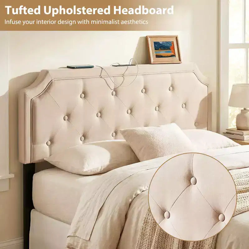 Costway Headboard for Queen & Full Size Bed,Tufted/Geometric/Rivet Tufted Upholstered Head Board with 2 AC Outlets Beige/Gray