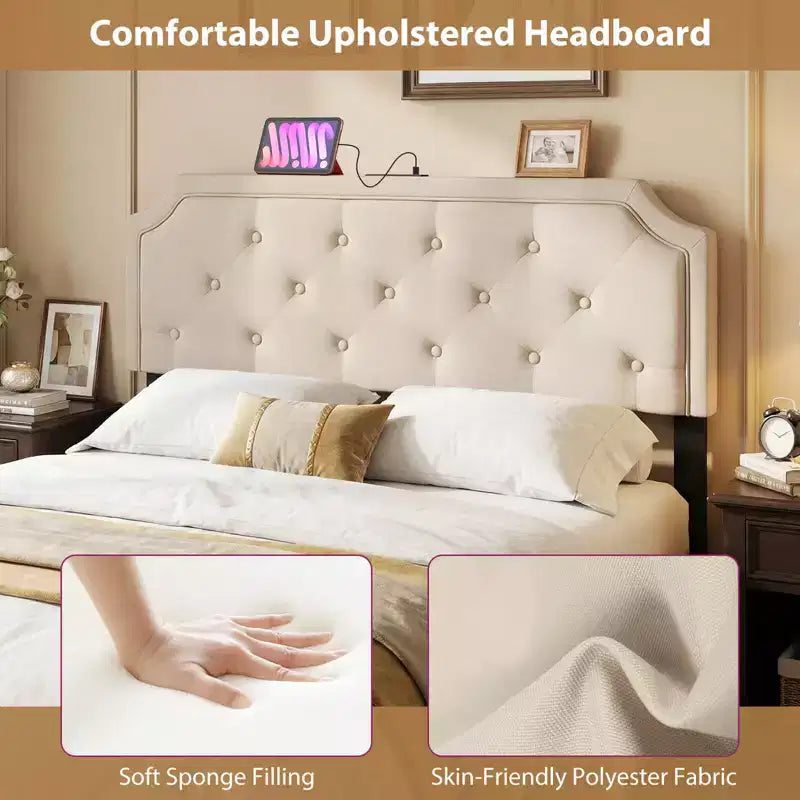 Costway Headboard for Queen & Full Size Bed,Tufted/Geometric/Rivet Tufted Upholstered Head Board with 2 AC Outlets Beige/Gray
