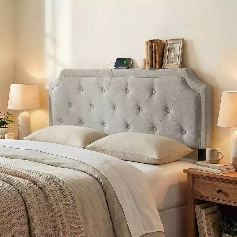 Costway Headboard for Queen & Full Size Bed,Tufted/Geometric/Rivet Tufted Upholstered Head Board with 2 AC Outlets Beige/Gray