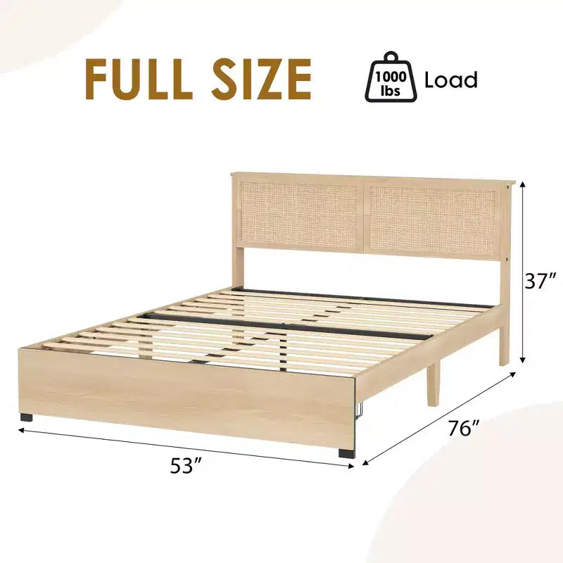 Rattan Bed Frame with Rattan Headboard, 2 Drawers, Boho Storage Bed Frame, No Box Spring Needed, Noise Free