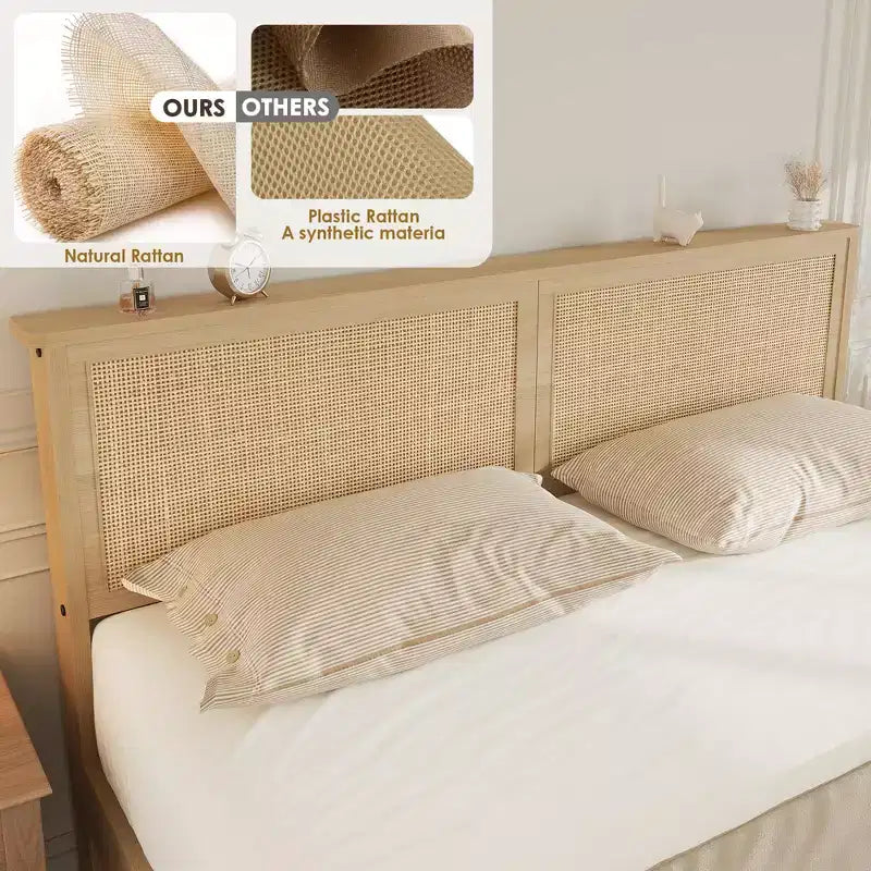 Rattan Bed Frame with Rattan Headboard, 2 Drawers, Boho Storage Bed Frame, No Box Spring Needed, Noise Free