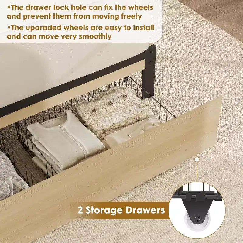 Rattan Bed Frame with Rattan Headboard, 2 Drawers, Boho Storage Bed Frame, No Box Spring Needed, Noise Free