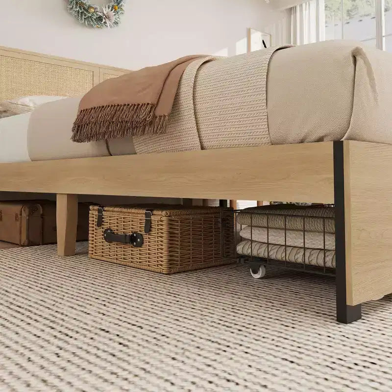 Rattan Bed Frame with Rattan Headboard, 2 Drawers, Boho Storage Bed Frame, No Box Spring Needed, Noise Free