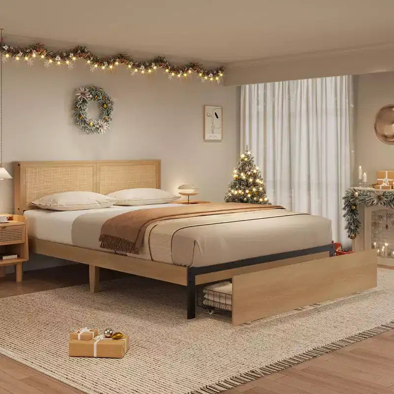 Rattan Bed Frame with Rattan Headboard, 2 Drawers, Boho Storage Bed Frame, No Box Spring Needed, Noise Free