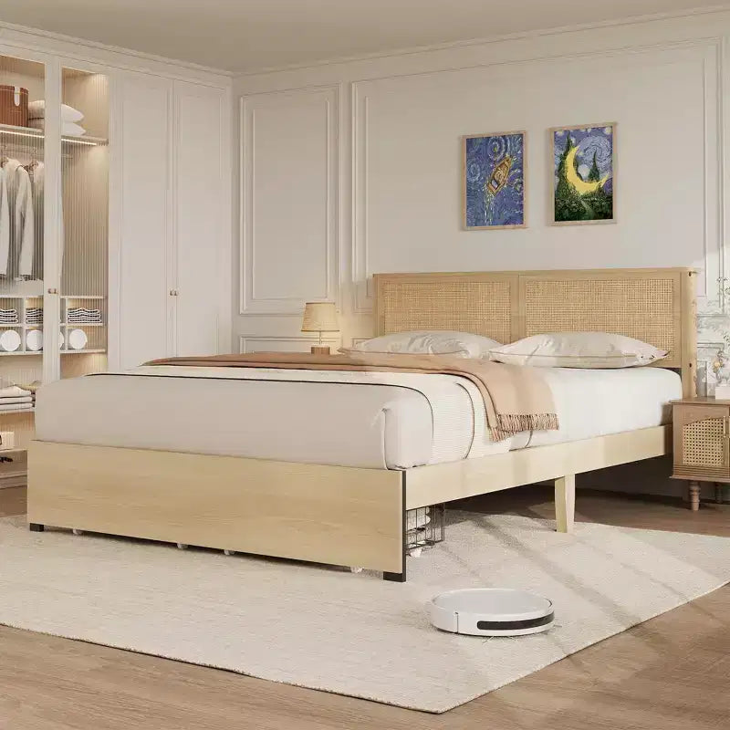 Rattan Bed Frame with Rattan Headboard, 2 Drawers, Boho Storage Bed Frame, No Box Spring Needed, Noise Free