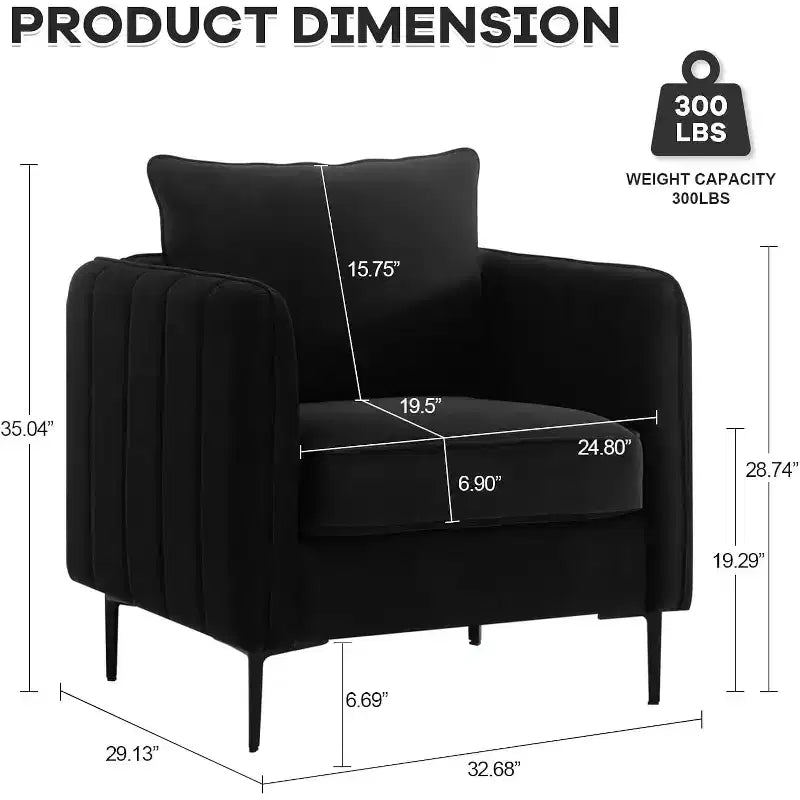 FurnitureR Velvet Accent Armchair with Metal Legs, Modern Upholstered Single Sofa Chair with Pillow, Comfortable Lounge Chair for Living Room Bedroom