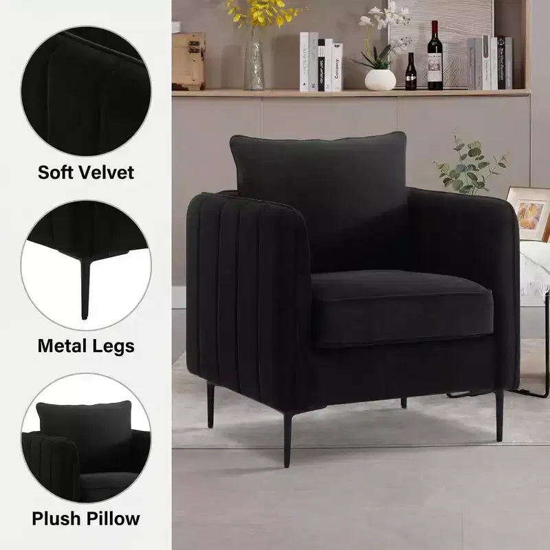 FurnitureR Velvet Accent Armchair with Metal Legs, Modern Upholstered Single Sofa Chair with Pillow, Comfortable Lounge Chair for Living Room Bedroom