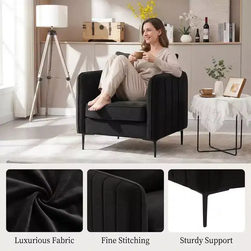 FurnitureR Velvet Accent Armchair with Metal Legs, Modern Upholstered Single Sofa Chair with Pillow, Comfortable Lounge Chair for Living Room Bedroom
