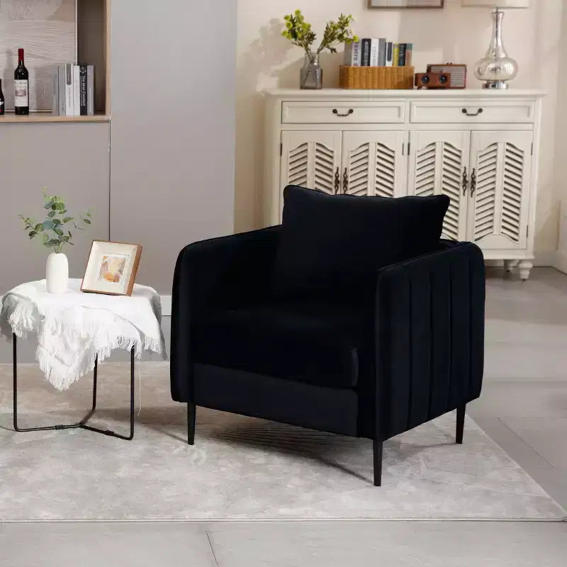 FurnitureR Velvet Accent Armchair with Metal Legs, Modern Upholstered Single Sofa Chair with Pillow, Comfortable Lounge Chair for Living Room Bedroom