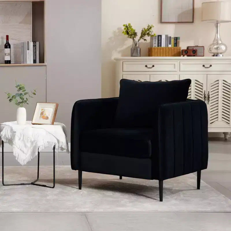 FurnitureR Velvet Accent Armchair with Metal Legs, Modern Upholstered Single Sofa Chair with Pillow, Comfortable Lounge Chair for Living Room Bedroom