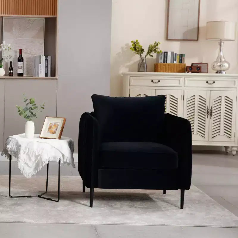 FurnitureR Velvet Accent Armchair with Metal Legs, Modern Upholstered Single Sofa Chair with Pillow, Comfortable Lounge Chair for Living Room Bedroom