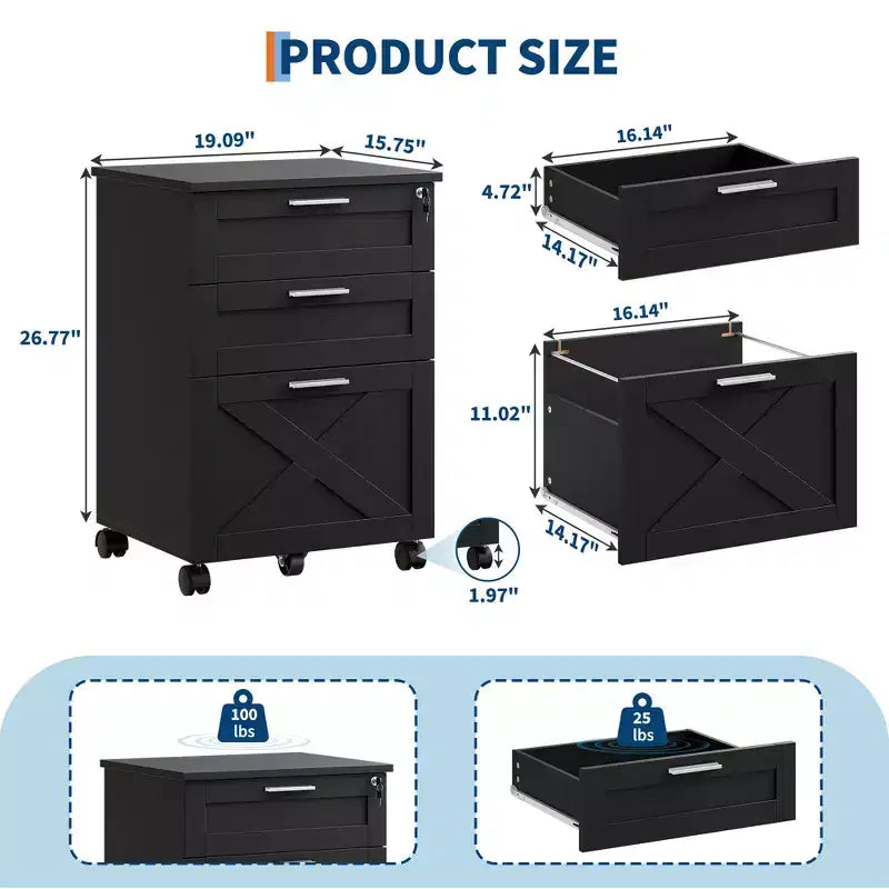 Lockable 3-Drawer Wooden File Cabinet, Mobile Under Desk Filing Cabinet with Wheels, Compact Storage Organizer