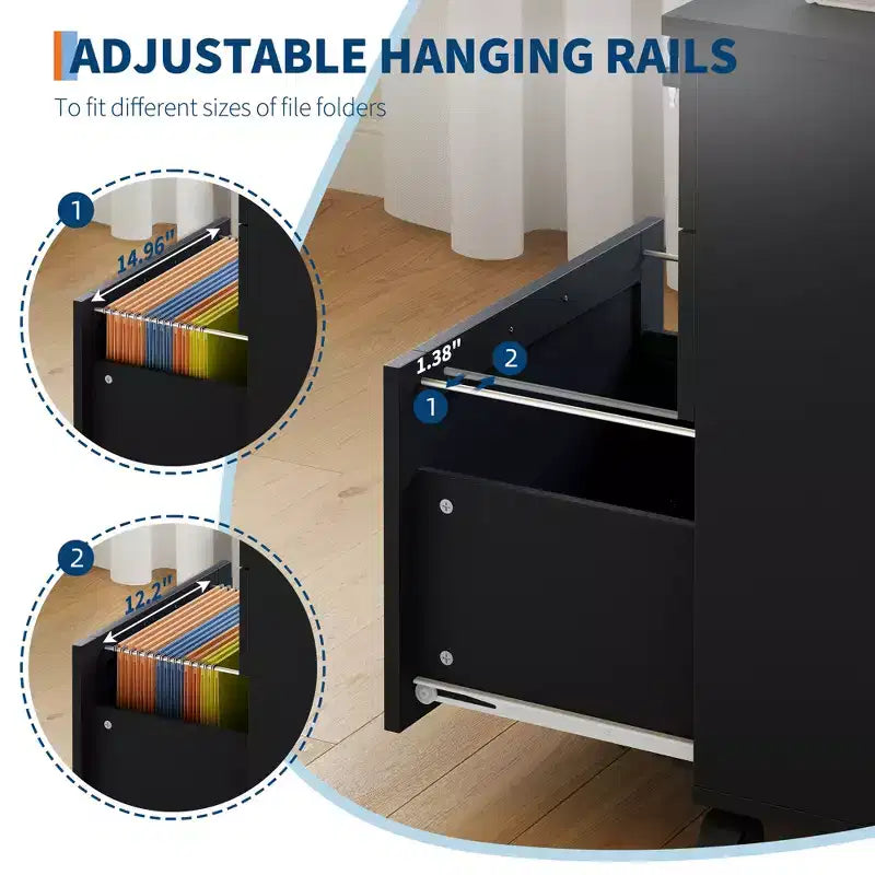 Lockable 3-Drawer Wooden File Cabinet, Mobile Under Desk Filing Cabinet with Wheels, Compact Storage Organizer