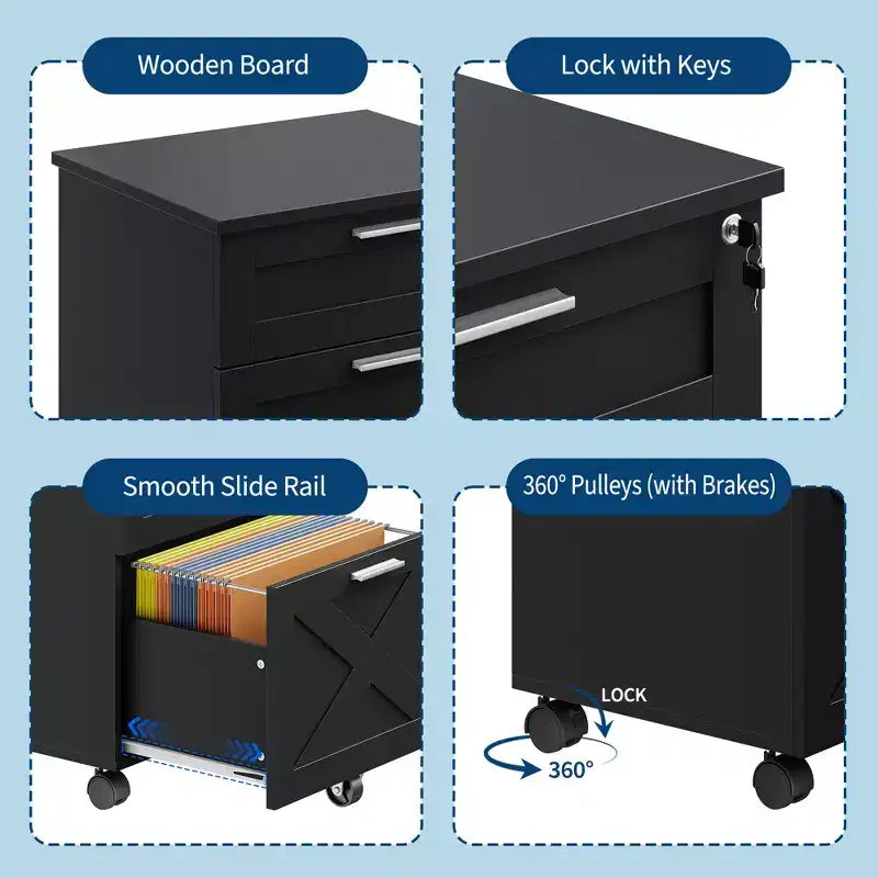 Lockable 3-Drawer Wooden File Cabinet, Mobile Under Desk Filing Cabinet with Wheels, Compact Storage Organizer