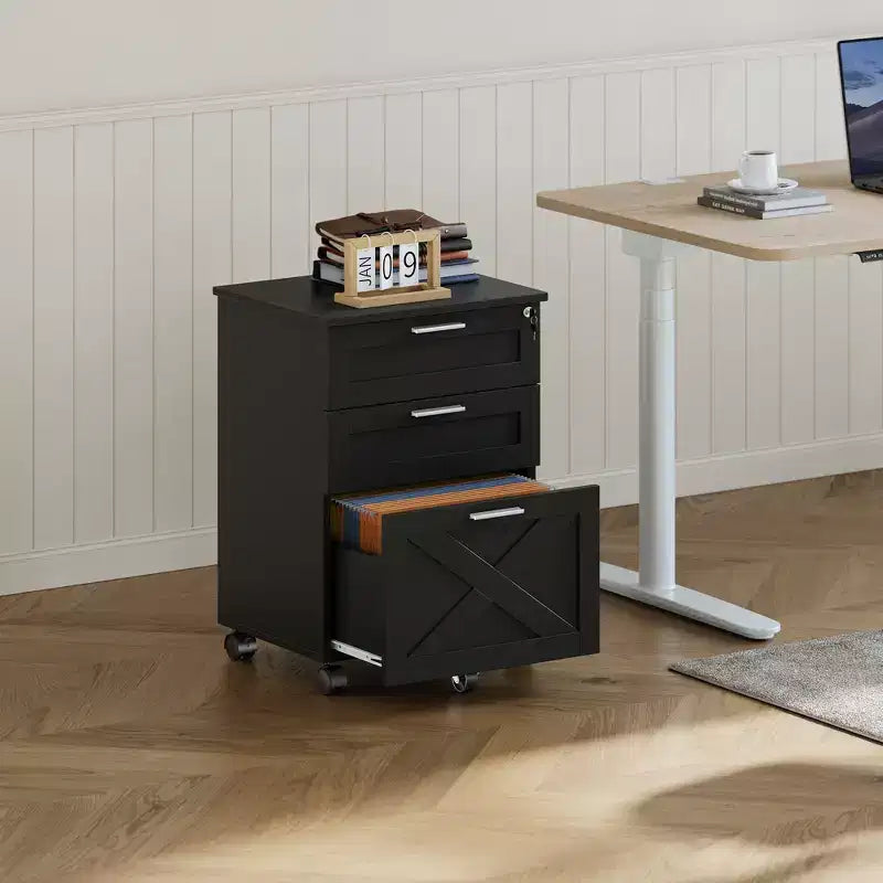 Lockable 3-Drawer Wooden File Cabinet, Mobile Under Desk Filing Cabinet with Wheels, Compact Storage Organizer