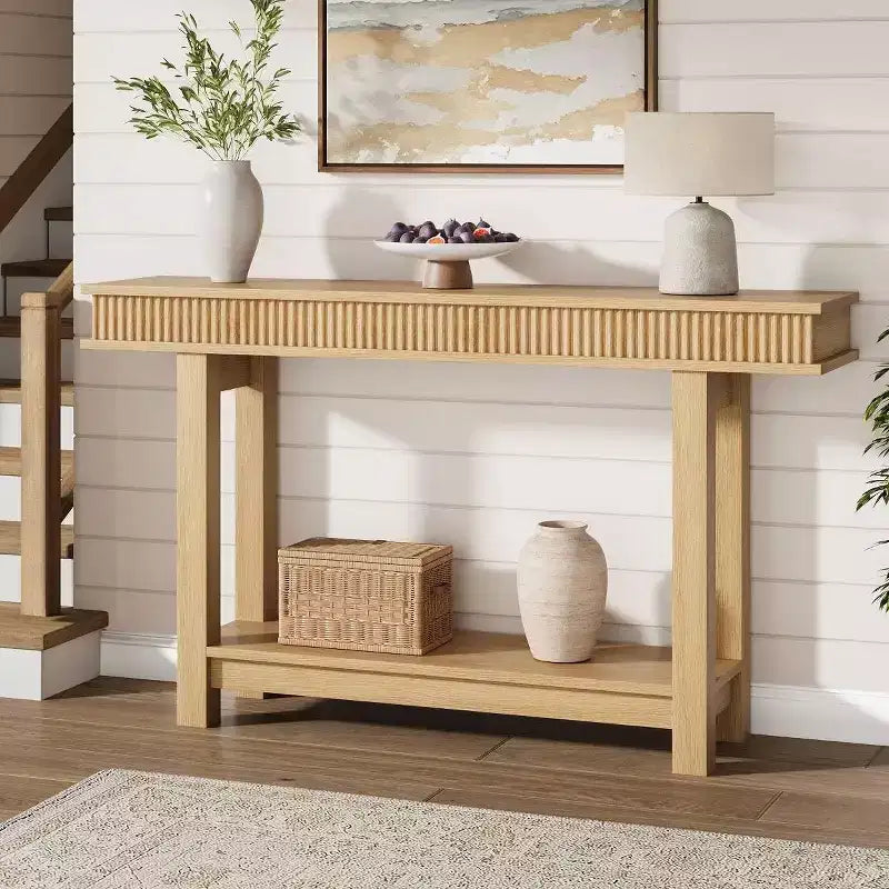 Narrow Two Tier Farmhouse Console Table with Storage Shelf, Perfect Dining Room Table for Entryway, Hallway & Behind Sofa