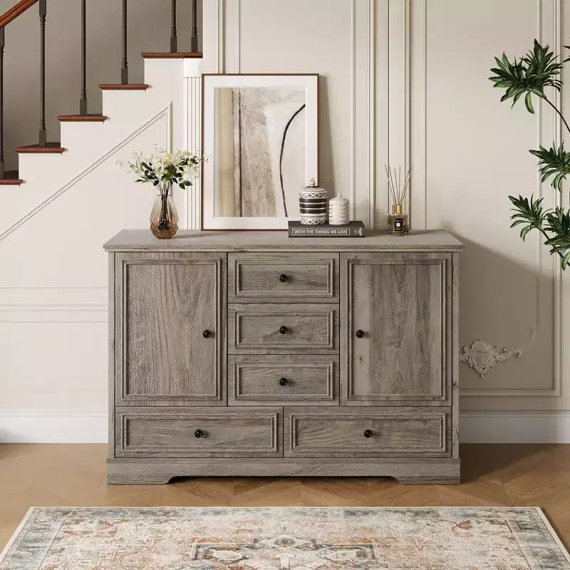 47 Wood Farmhouse Sideboard Buffet Cabinet, Storage Credenza with 5 Drawers & 2 Doors, Buffet Table for Dining Room
