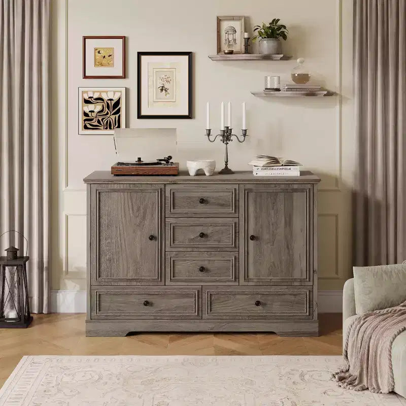 47 Wood Farmhouse Sideboard Buffet Cabinet, Storage Credenza with 5 Drawers & 2 Doors, Buffet Table for Dining Room
