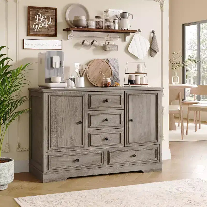 47 Wood Farmhouse Sideboard Buffet Cabinet, Storage Credenza with 5 Drawers & 2 Doors, Buffet Table for Dining Room