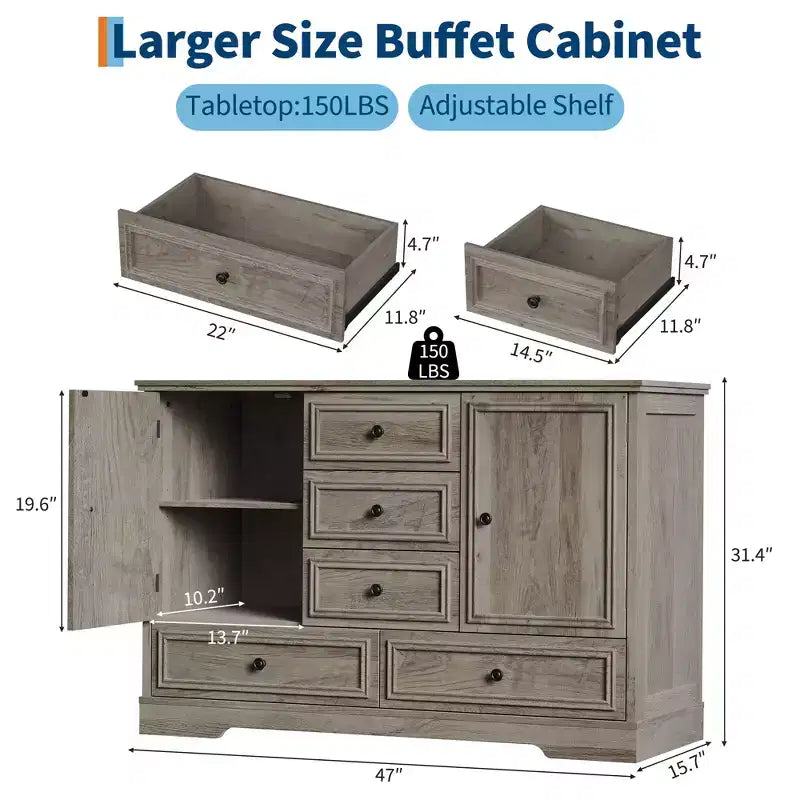 47 Wood Farmhouse Sideboard Buffet Cabinet, Storage Credenza with 5 Drawers & 2 Doors, Buffet Table for Dining Room