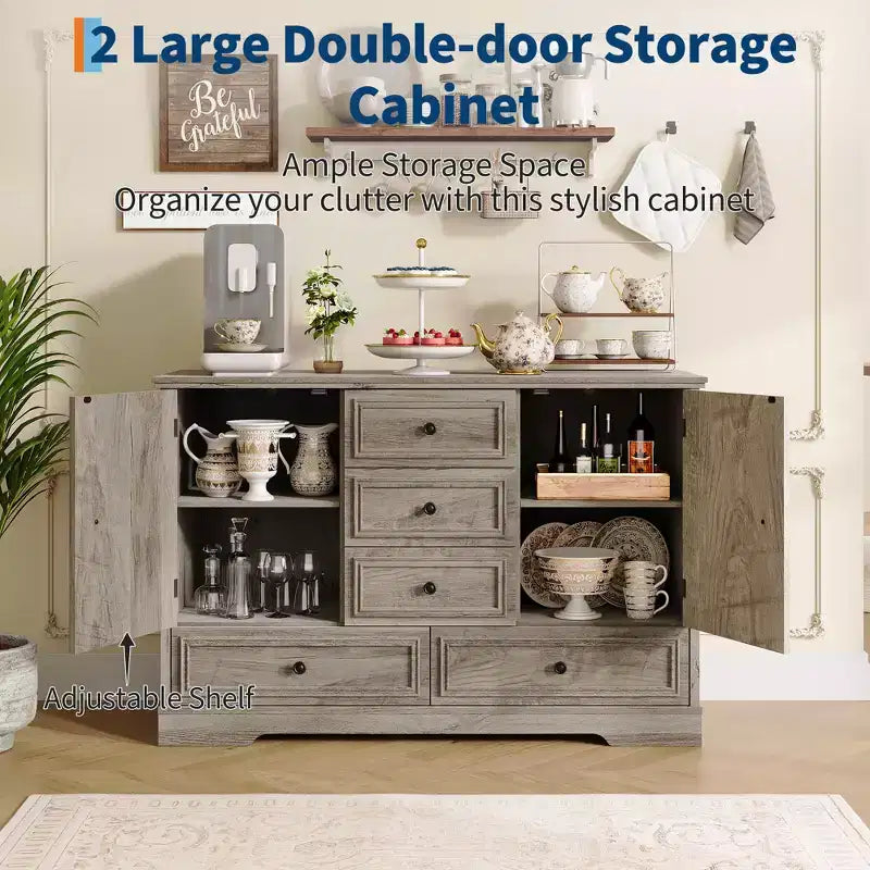 47 Wood Farmhouse Sideboard Buffet Cabinet, Storage Credenza with 5 Drawers & 2 Doors, Buffet Table for Dining Room