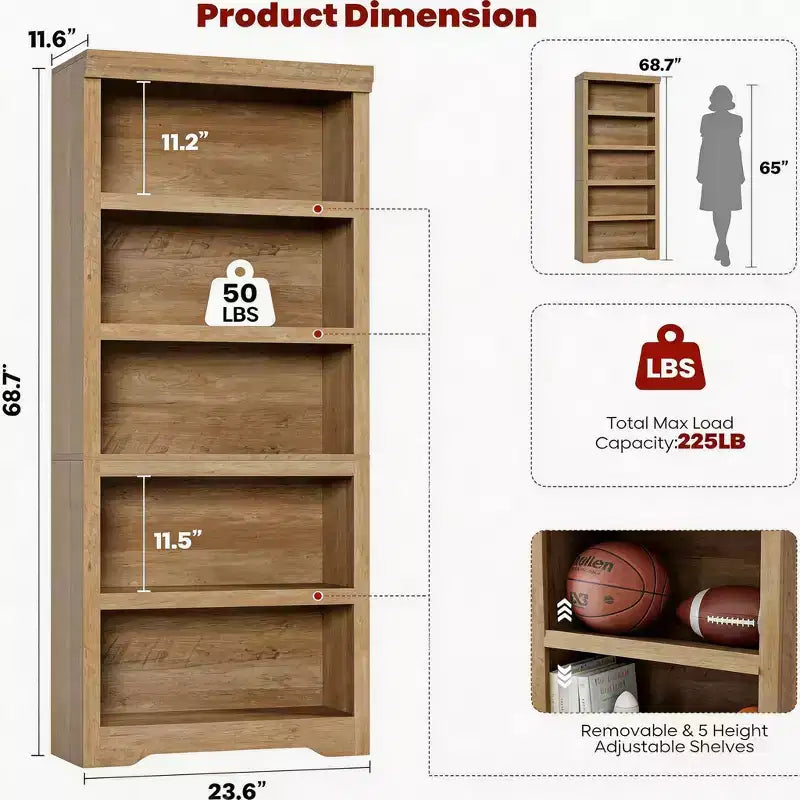 Bookshelf, Tall Farmhouse Bookcase Adjustable Shelves, Open Display Storage Rack with Anti-Slip Design for Home Office, Balcony, Library