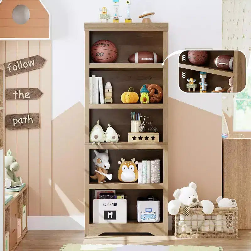 Bookshelf, Tall Farmhouse Bookcase Adjustable Shelves, Open Display Storage Rack with Anti-Slip Design for Home Office, Balcony, Library