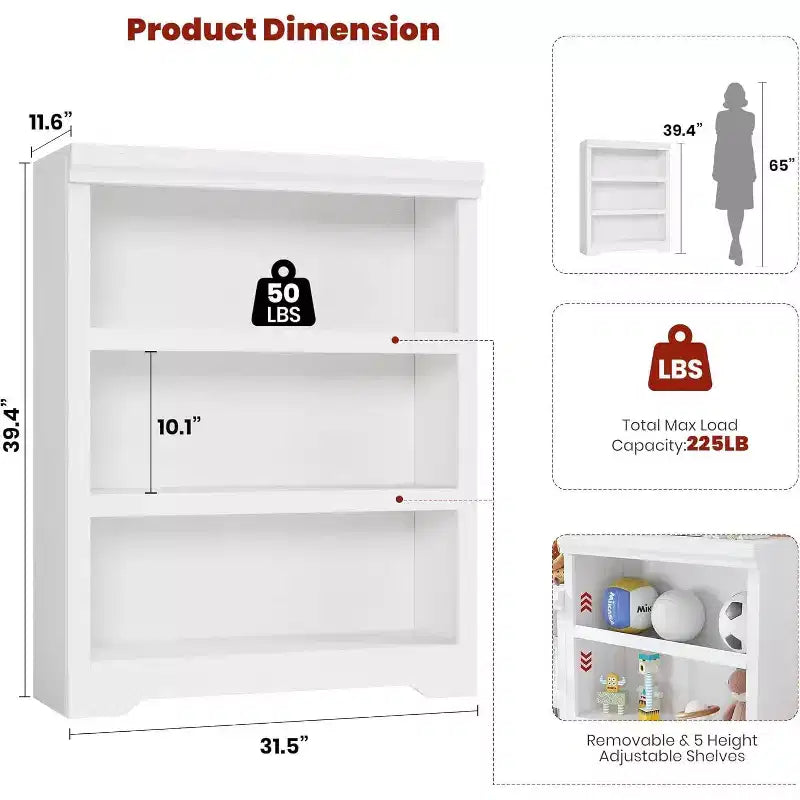 Bookshelf, Tall Farmhouse Bookcase Adjustable Shelves, Open Display Storage Rack with Anti-Slip Design for Home Office, Balcony, Library
