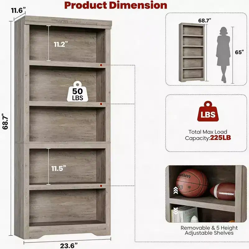 Bookshelf, Tall Farmhouse Bookcase Adjustable Shelves, Open Display Storage Rack with Anti-Slip Design for Home Office, Balcony, Library