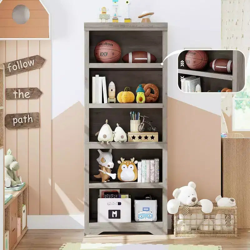 Bookshelf, Tall Farmhouse Bookcase Adjustable Shelves, Open Display Storage Rack with Anti-Slip Design for Home Office, Balcony, Library