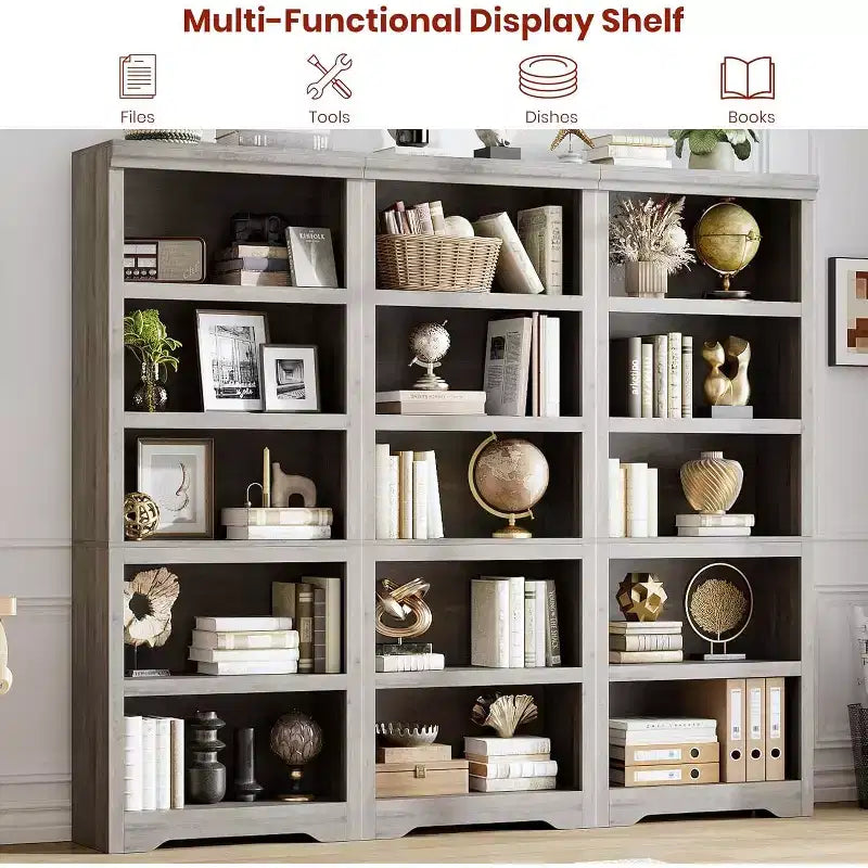 Bookshelf, Tall Farmhouse Bookcase Adjustable Shelves, Open Display Storage Rack with Anti-Slip Design for Home Office, Balcony, Library