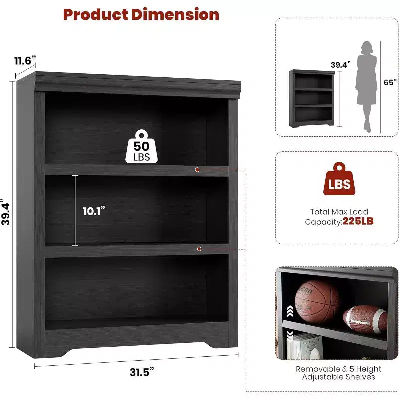 Bookshelf, Tall Farmhouse Bookcase Adjustable Shelves, Open Display Storage Rack with Anti-Slip Design for Home Office, Balcony, Library