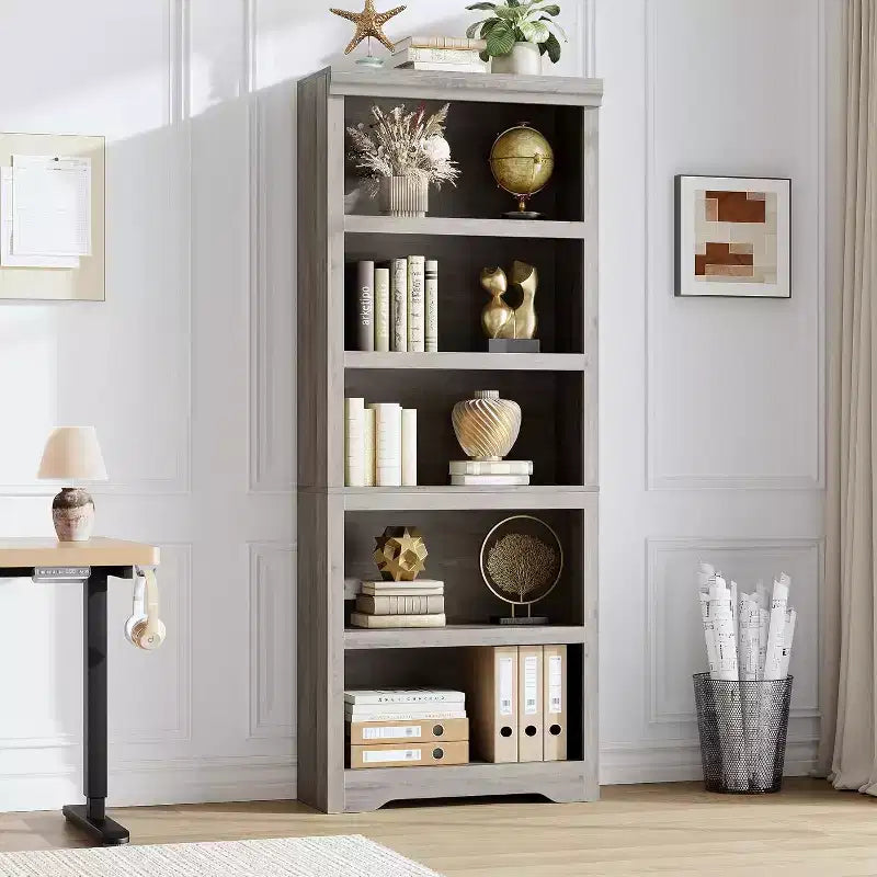 Bookshelf, Tall Farmhouse Bookcase Adjustable Shelves, Open Display Storage Rack with Anti-Slip Design for Home Office, Balcony, Library