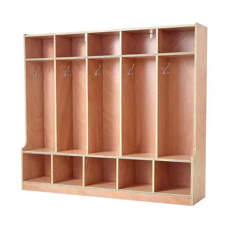 VEVOR 5-Section Kids Coat Locker, Wooden Toddler Cubby Storage Organizer with 10 Hooks & Non-Slip Mat & 10 Small Open Storage Boxes, Wood Color