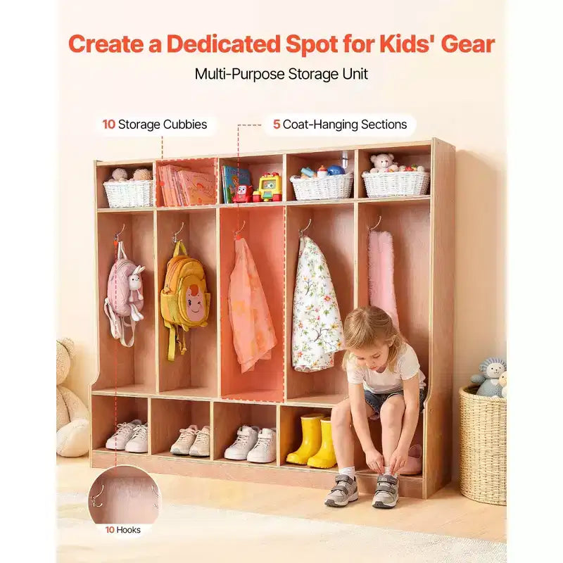 VEVOR 5-Section Kids Coat Locker, Wooden Toddler Cubby Storage Organizer with 10 Hooks & Non-Slip Mat & 10 Small Open Storage Boxes, Wood Color
