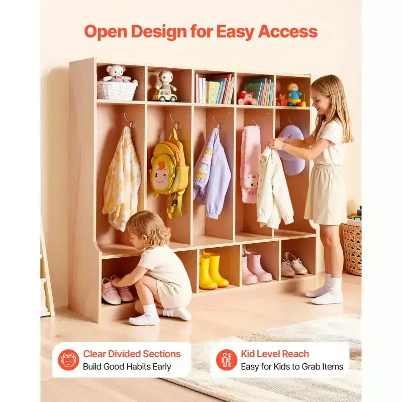 VEVOR 5-Section Kids Coat Locker, Wooden Toddler Cubby Storage Organizer with 10 Hooks & Non-Slip Mat & 10 Small Open Storage Boxes, Wood Color