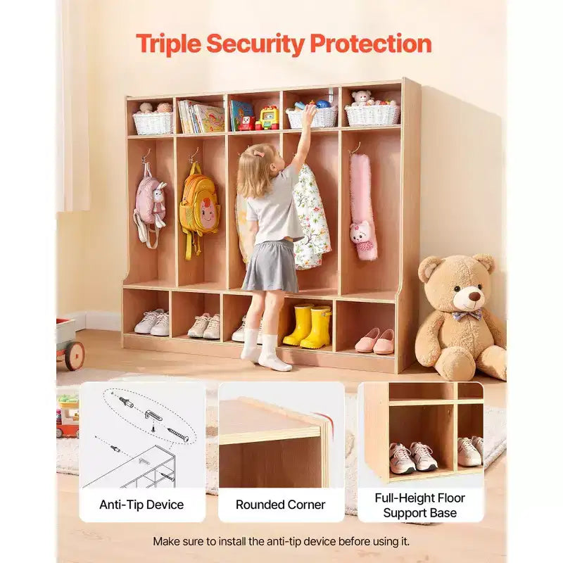 VEVOR 5-Section Kids Coat Locker, Wooden Toddler Cubby Storage Organizer with 10 Hooks & Non-Slip Mat & 10 Small Open Storage Boxes, Wood Color