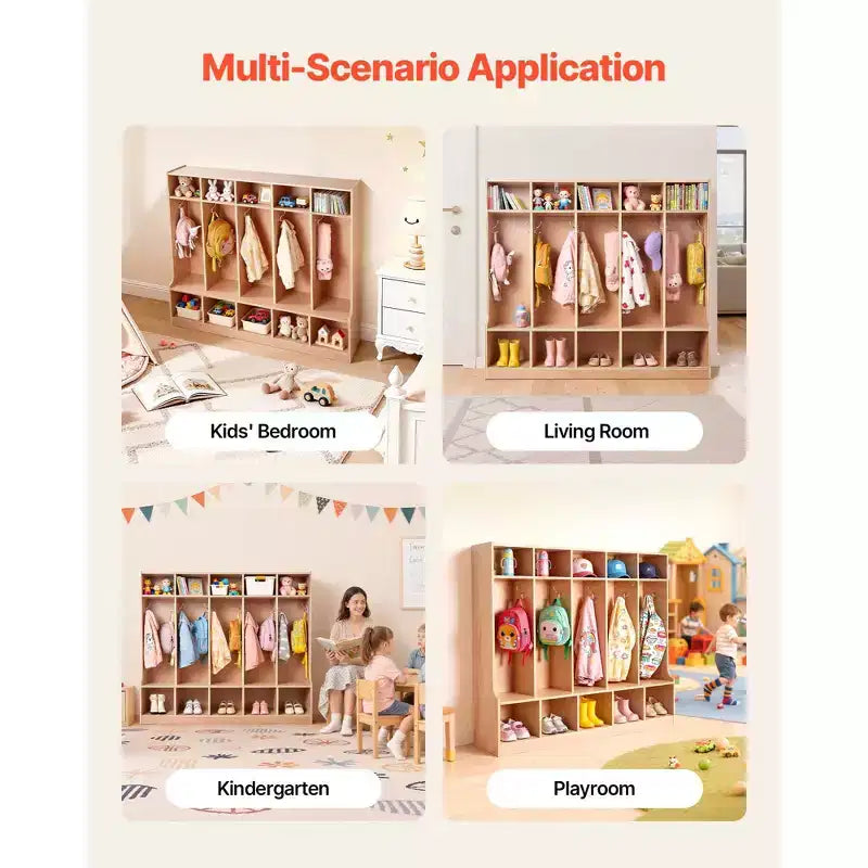 VEVOR 5-Section Kids Coat Locker, Wooden Toddler Cubby Storage Organizer with 10 Hooks & Non-Slip Mat & 10 Small Open Storage Boxes, Wood Color