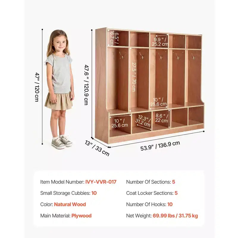 VEVOR 5-Section Kids Coat Locker, Wooden Toddler Cubby Storage Organizer with 10 Hooks & Non-Slip Mat & 10 Small Open Storage Boxes, Wood Color