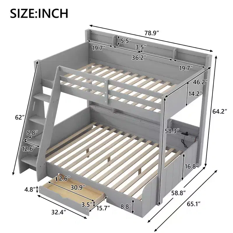 Polibi Twin over Full Bunk Bed with LED Lighting, Storage Space & Charging Station
