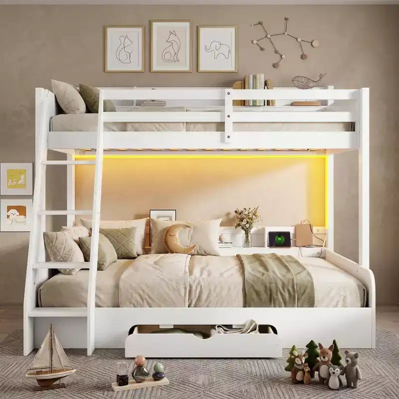 Polibi Twin over Full Bunk Bed with LED Lighting, Storage Space & Charging Station